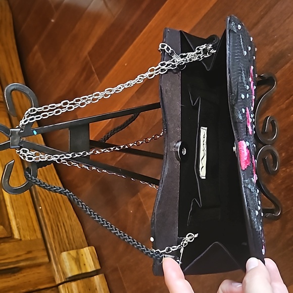 Nina New York, Embroidered Hot Pink & Black Sparkle Purse, two strap options - Picture 2 of 3